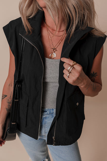 Flap Pockets Zip Up High Neck Vest | Black