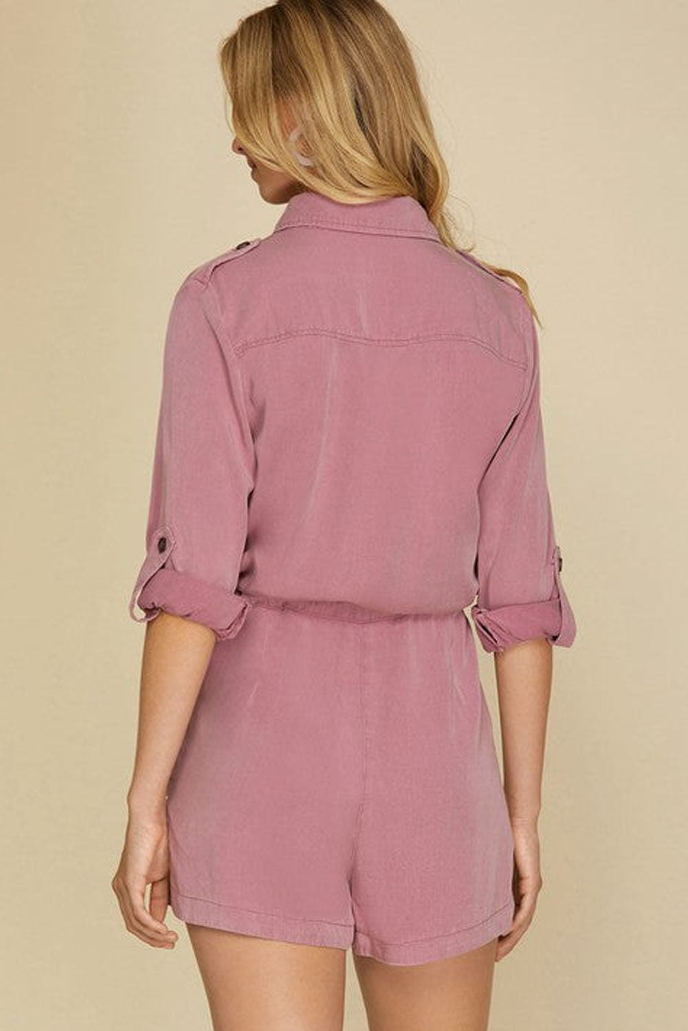 Roll Up Sleeve Flap Pockets Drawstring Playsuit | Peach Blossom