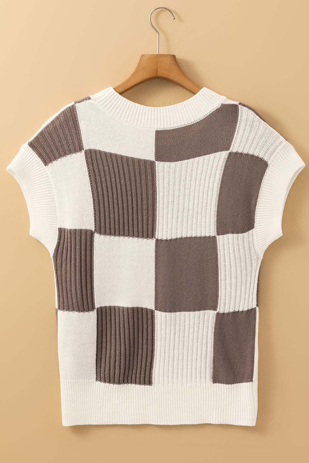 Checkered Colour Block Crew Neck Short Sleeve Sweater | Khaki