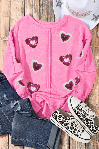 Sequin Heart Shaped Exposed Seam Pullover Sweatshirt | Rose