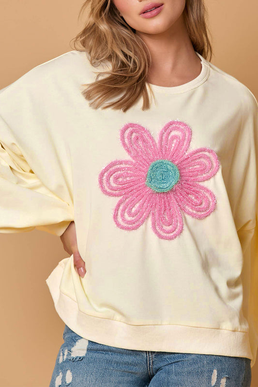 Beige Tinsel Flower Dropped Puff Sleeve Sweatshirt