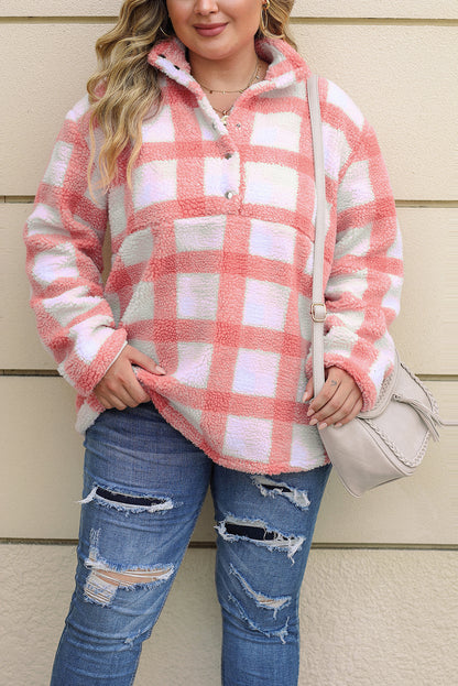 Plus Size Tunic Plaid Sherpa Henley Sweatshirt | Pink