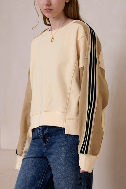 Contrast Striped Patchwork Drop Shoulder Loose Sweatshirt | Beige