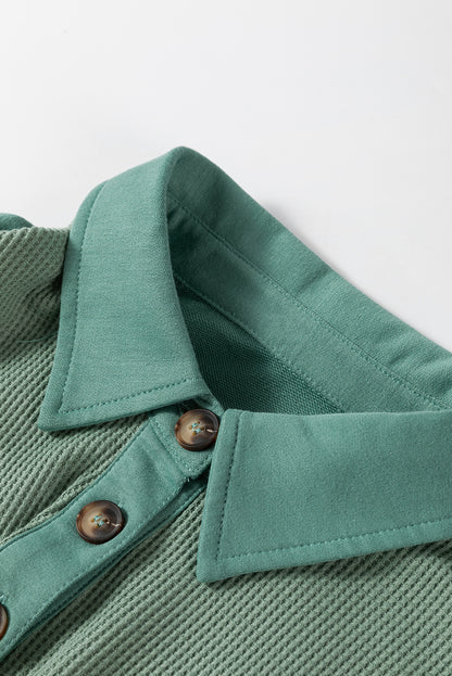 Waffle Long Sleeve Collar Half Button Loose Top | Smoke Green