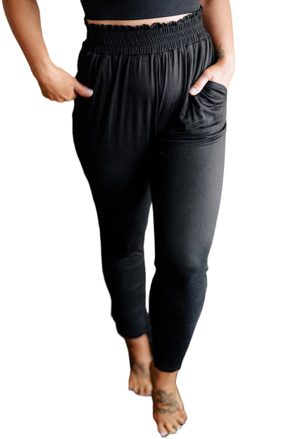 Plus Size Frill High Waist Pocketed Soft Pants | Black