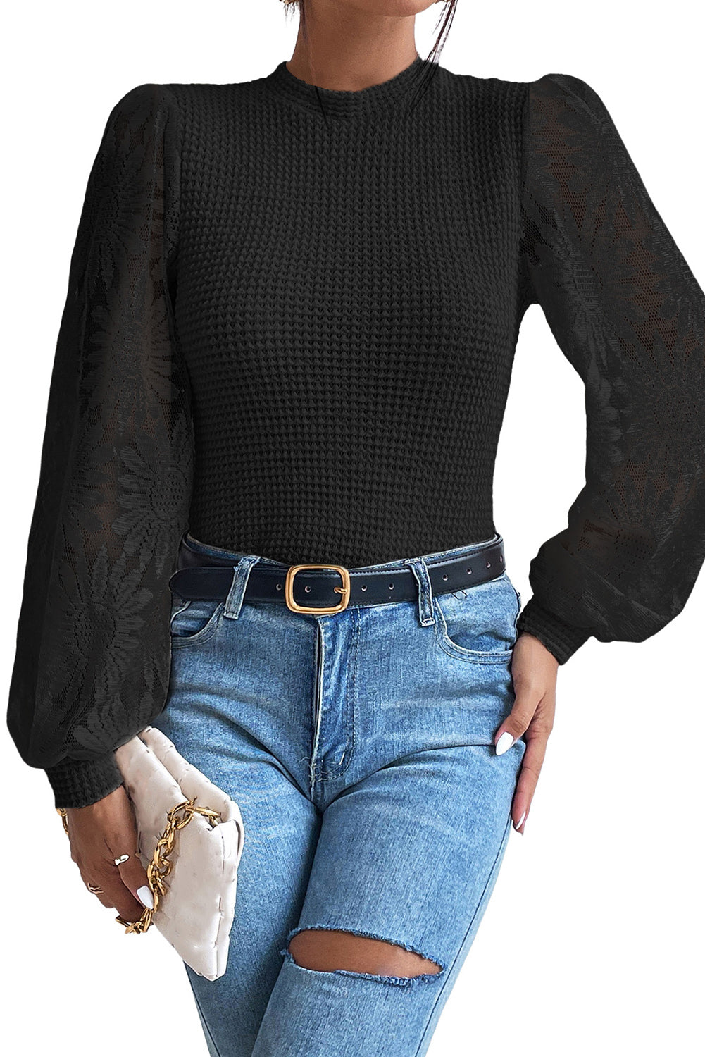 Sunflower Mesh Bubble Sleeve Waffle Knit Top | Black