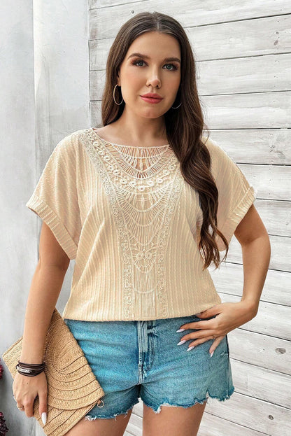 Lace Crochet Patched Cable Textured Cuffed Short Sleeve Plus Size Top | Beige