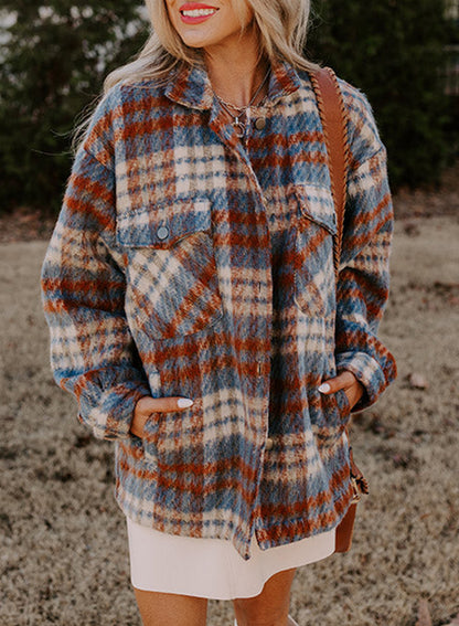 Plaid Print Chest Pockets Turn Down Collar Shacket | Cinnamon