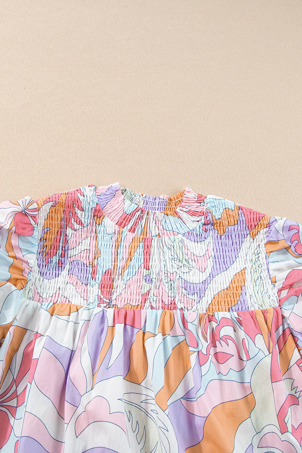 Abstract Print Bubble Sleeve Smock Detail Blouse | Pink