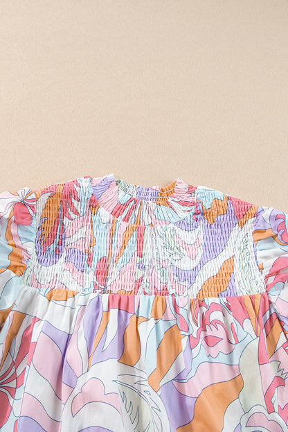 Abstract Print Bubble Sleeve Smock Detail Blouse | Pink