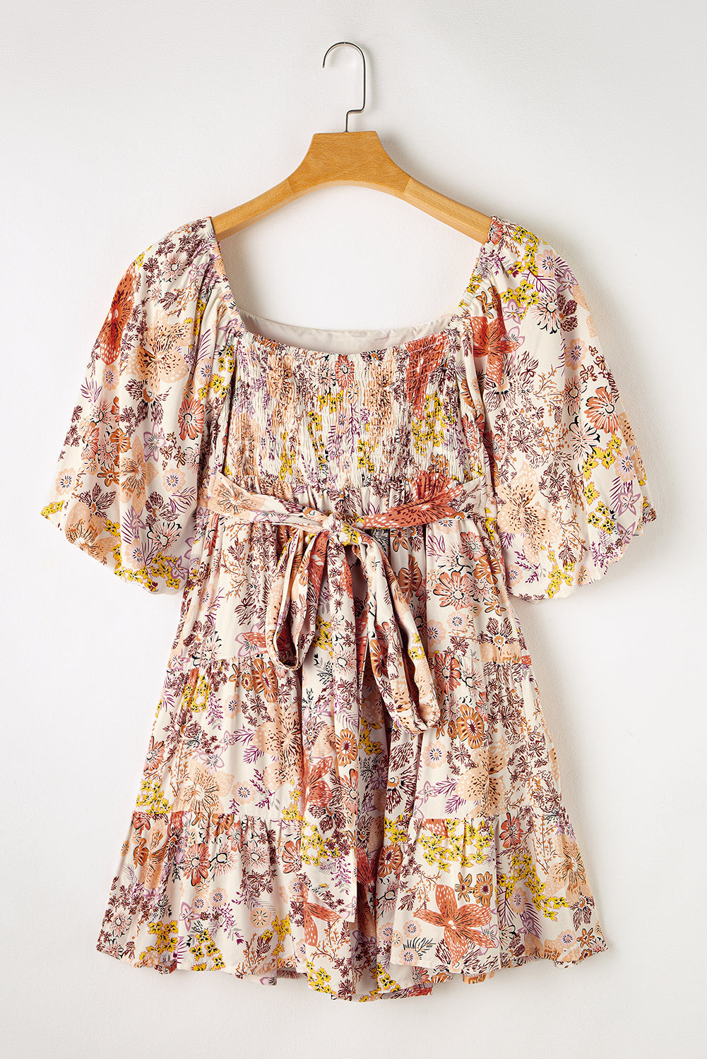 Floral Short Sleeve Square Neck Mini Dress | Khaki