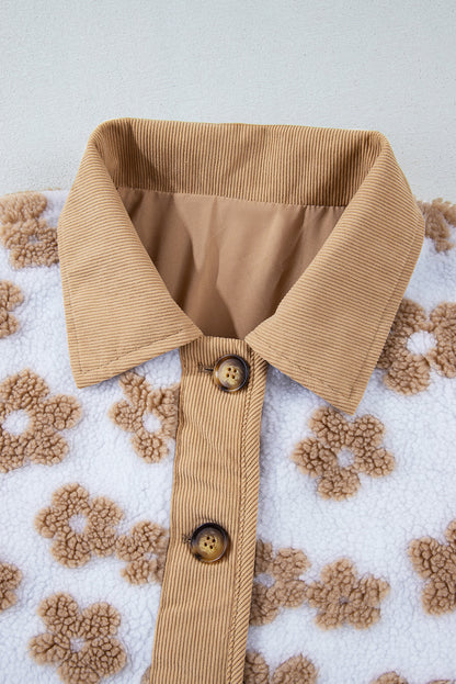 Cute Flower Pattern Button Up Fleece Jacket | Light French Beige