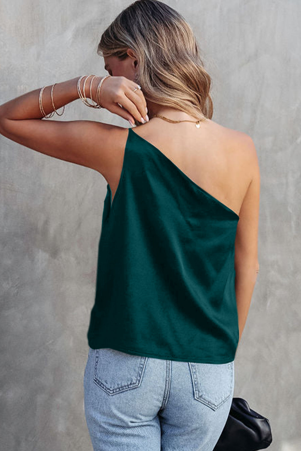 Satin One Shoulder Loose Tank Top | Sea Green