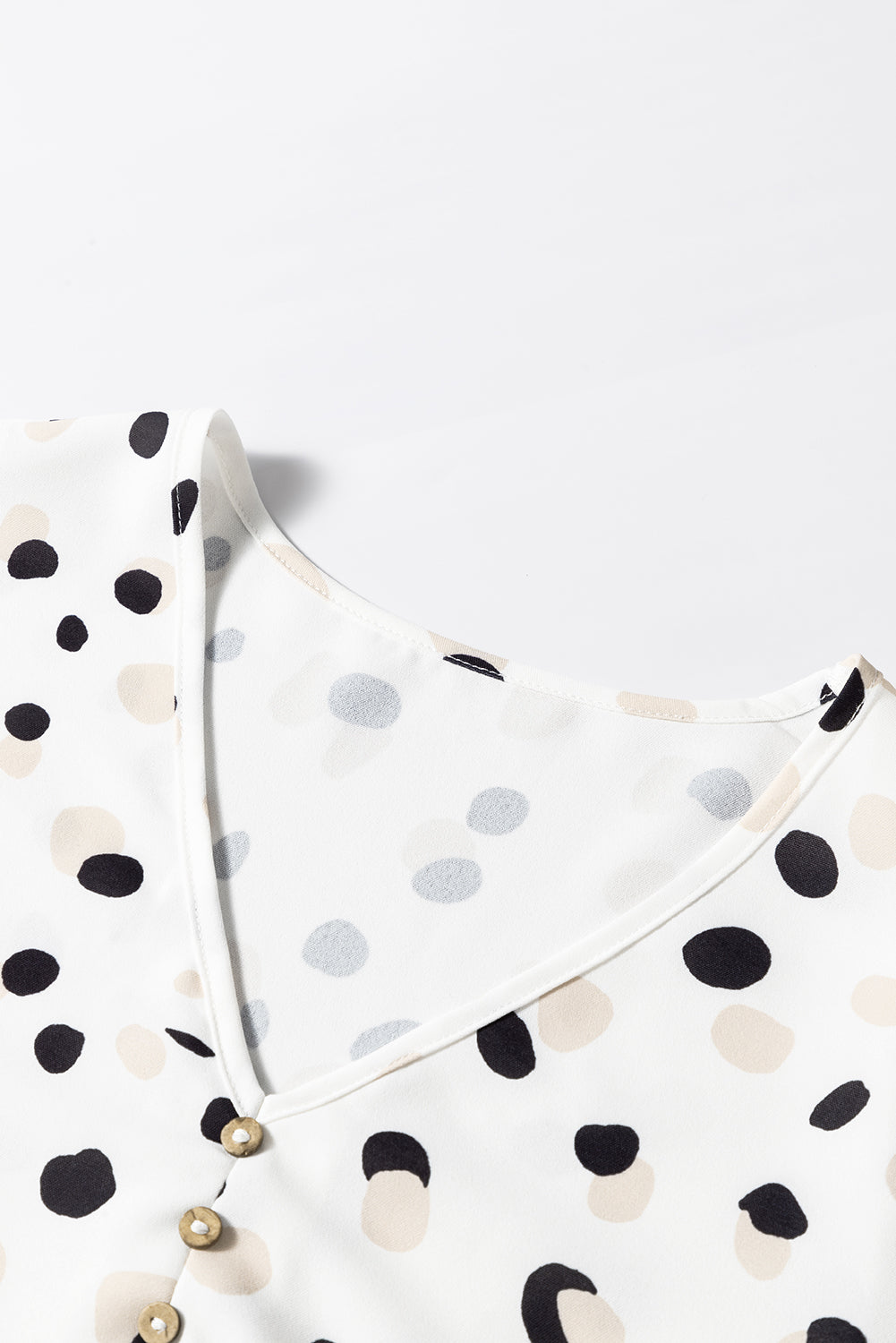 Polka Dot Print Button Front V Neck Blouse | White