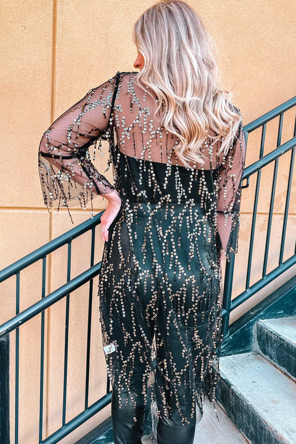 Sequin Sheer Long Sleeve Open Front Kimono | Black