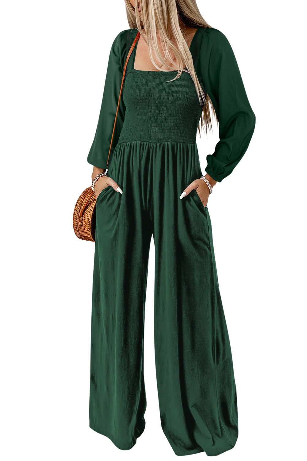 Smocked Square Neck Long Sleeve Wide Leg Jumpsuit | Green