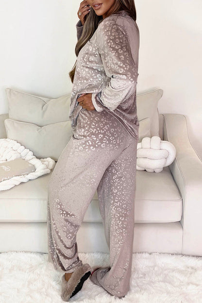 Velvet Leopard Print Shirt And Pants Pajama Set | Brown