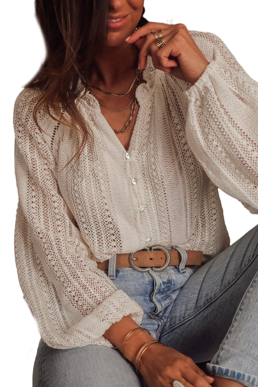 Lace Hollow Out Puff Sleeve Button Up Shirt | White