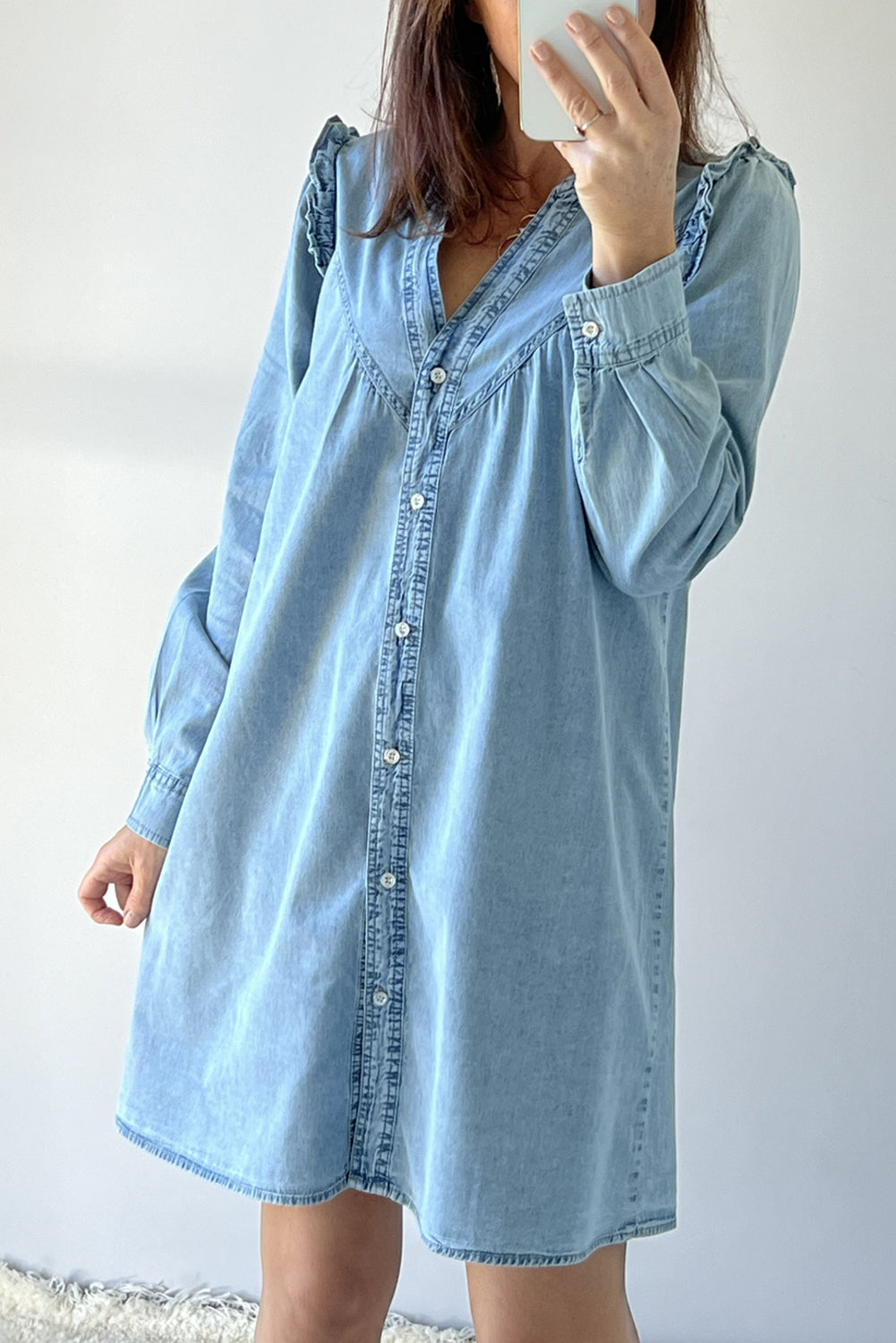 Ruffled V Neck Buttoned Shift Denim Dress | Myosotis