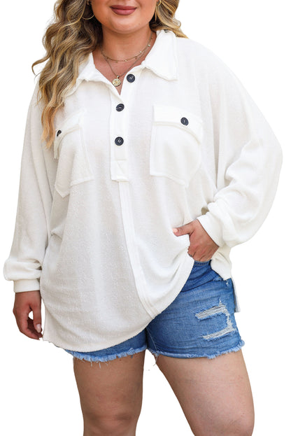 Plus Size Long Sleeve Flap Pocket Henley Top | White