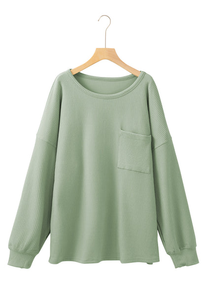 Plus Size Corded Knit Pocketed Crew Neck Top | Clearly Aqua