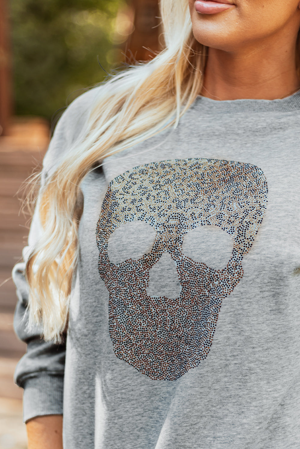 Rhinestone Skull Graphic Drop Shoulder Sweatshirt | Light Grey