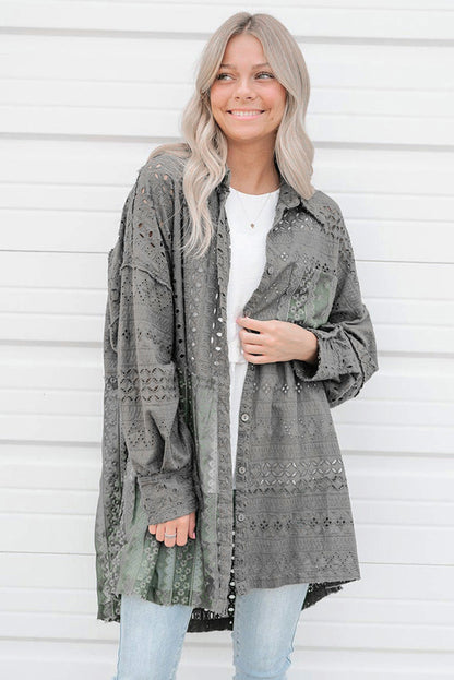 Eyelet Pattern Patchwork Oversized Button Up Shacket | Duffel Green