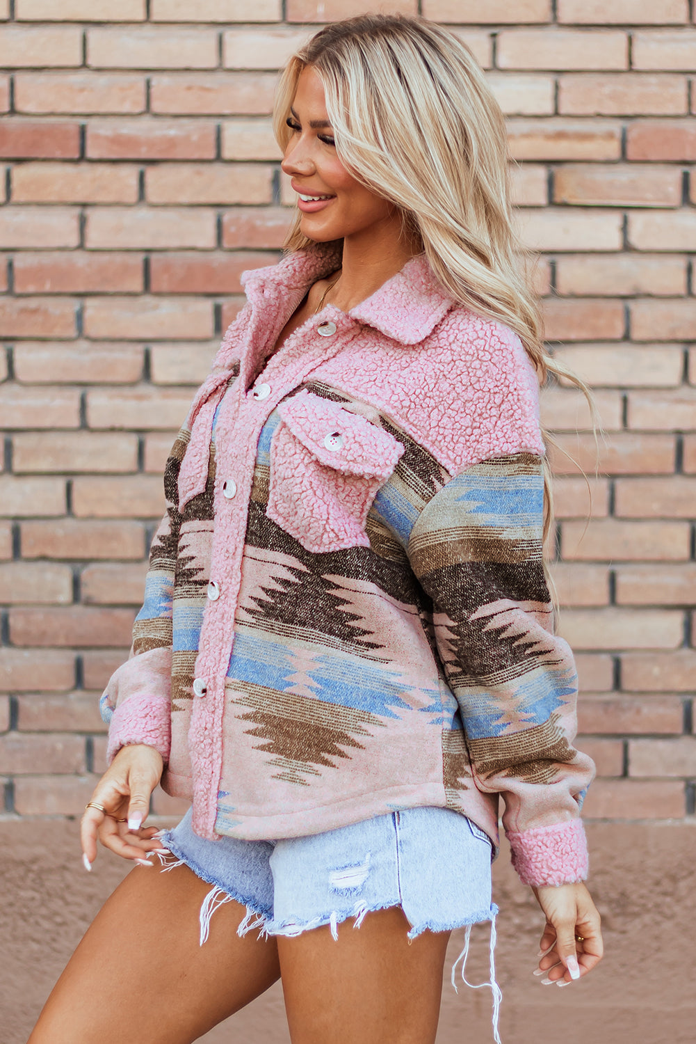 Western Aztec Print Sherpa Splicing Buttoned Flap Pocket Coat | Pink