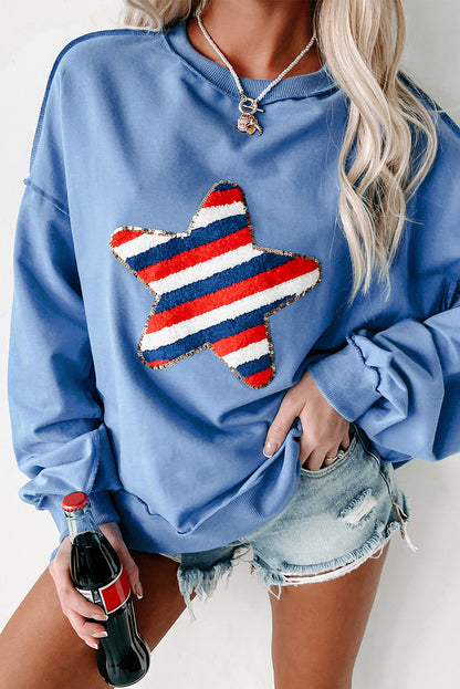 Sequin Trim Embroidered Star Usa Pattern Sweatshirt | Sky Blue