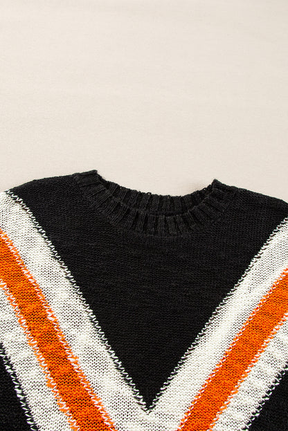 Chevron Striped Drop Shoulder Sweater | Black