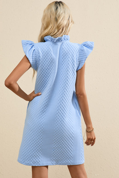 Textured Puff Sleeve Ruffled V Neck Shift Mini Dress | Light Blue