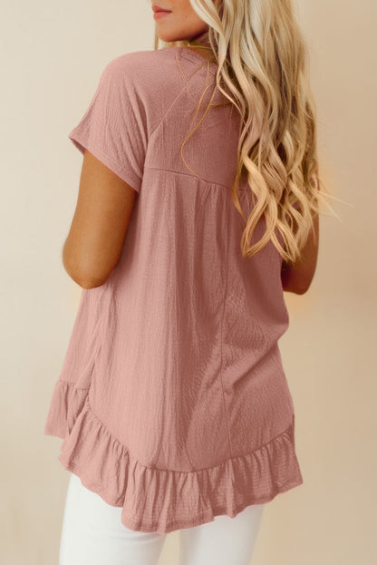 Solid Short Sleeve Ruffle Hem Top | Pink