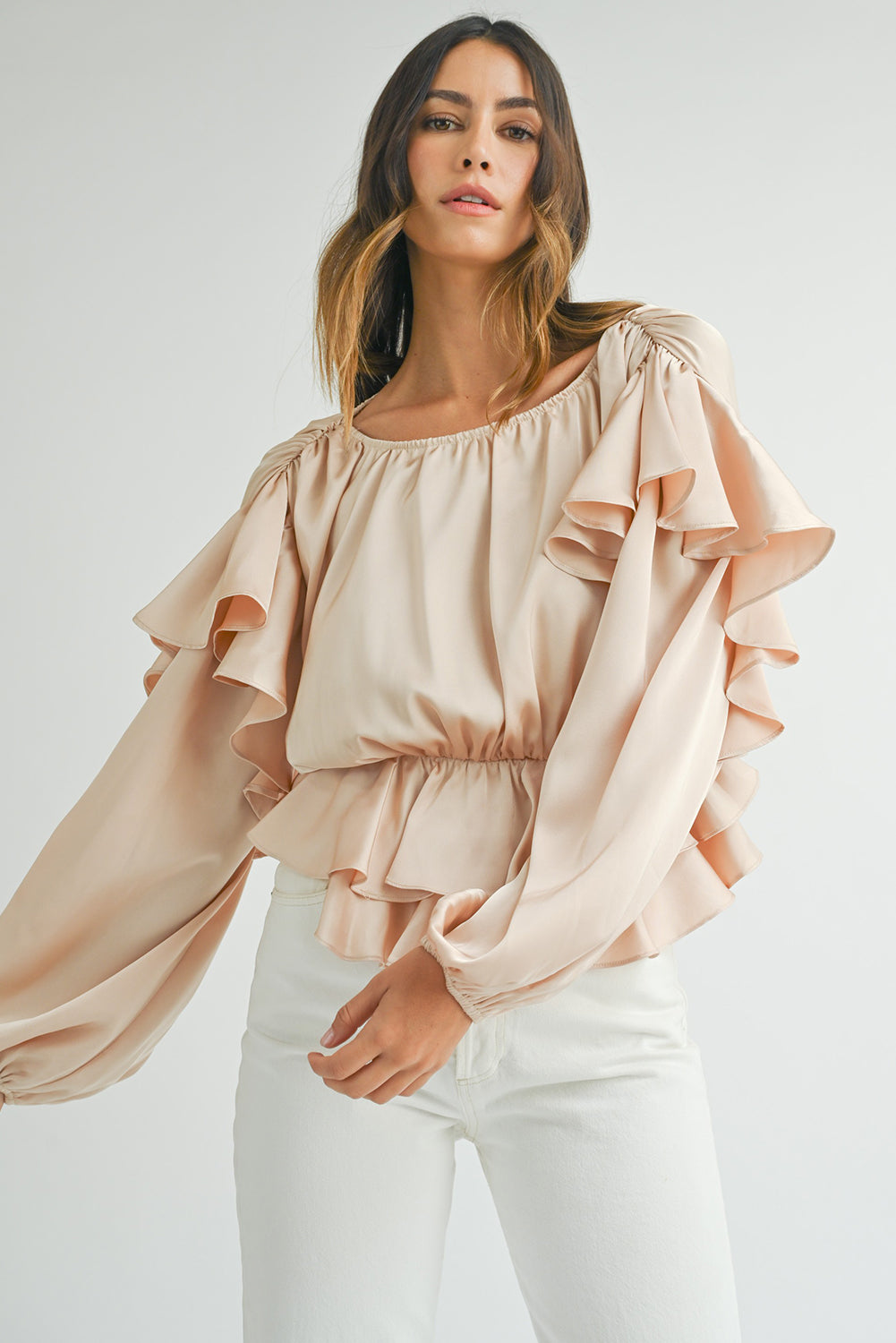 Lace-Up Keyhole Back Ruffled Peplum Blouse | Oatmeal