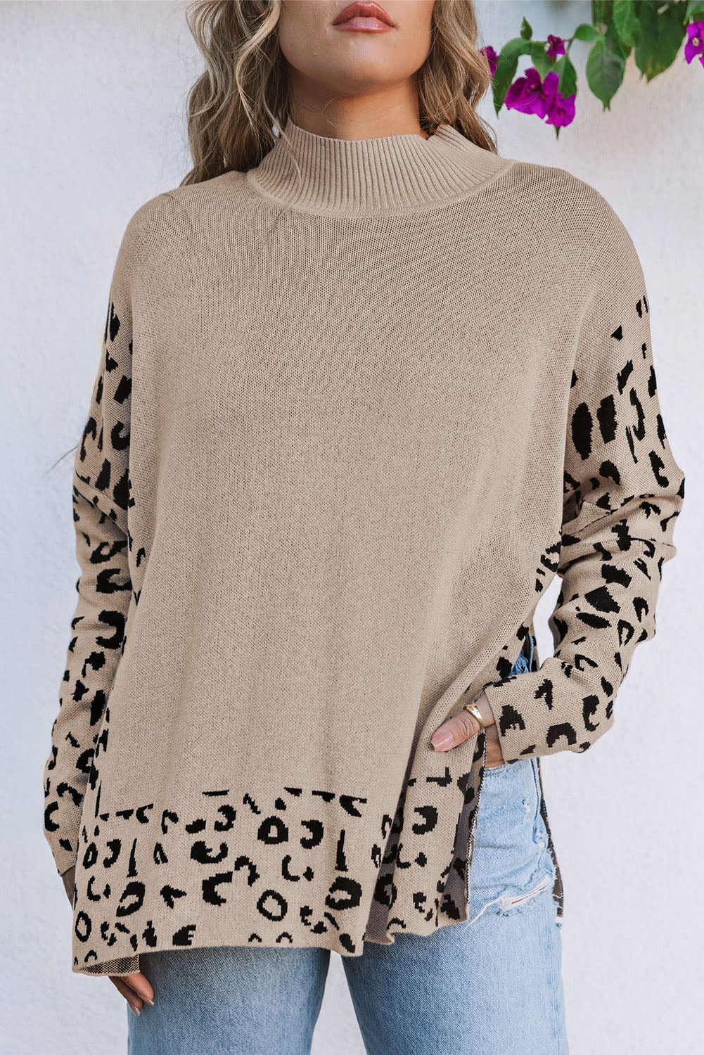 Leopard High Neck Side Slit Oversized Sweater | Khaki