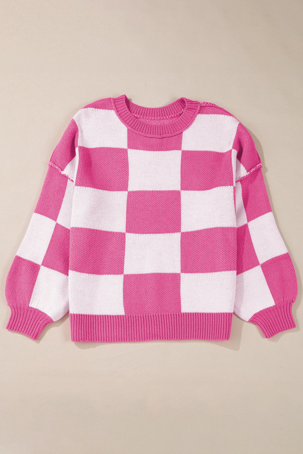 Checkered Bishop Sleeve Sweater | Rose