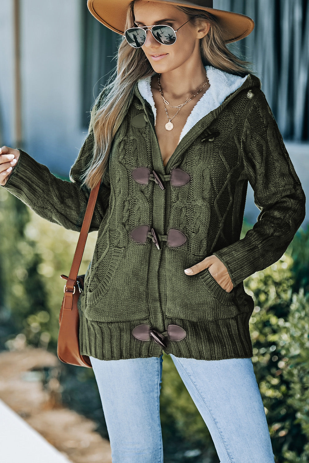 Army  Fur Hood Horn Button Sweater Cardigan | Green