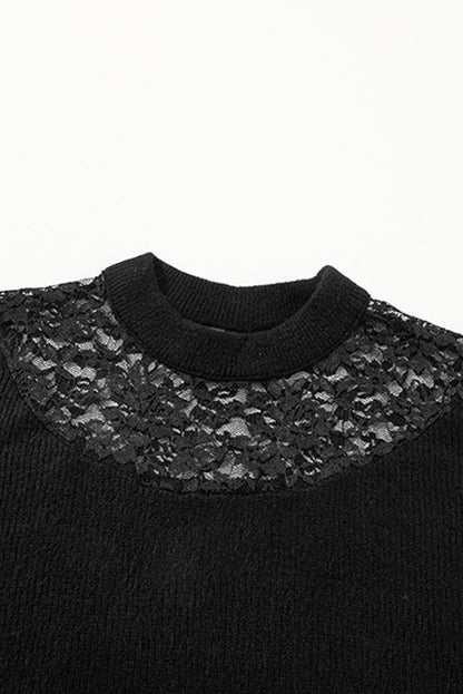 Plus Size Ribbed Knit Lace Splicing High Neck Sweater | Black