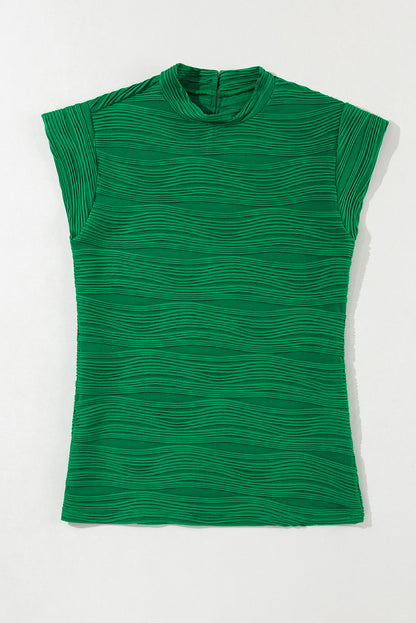 Wavy Textured Mock Neck Cap Sleeve Top | Dark Green