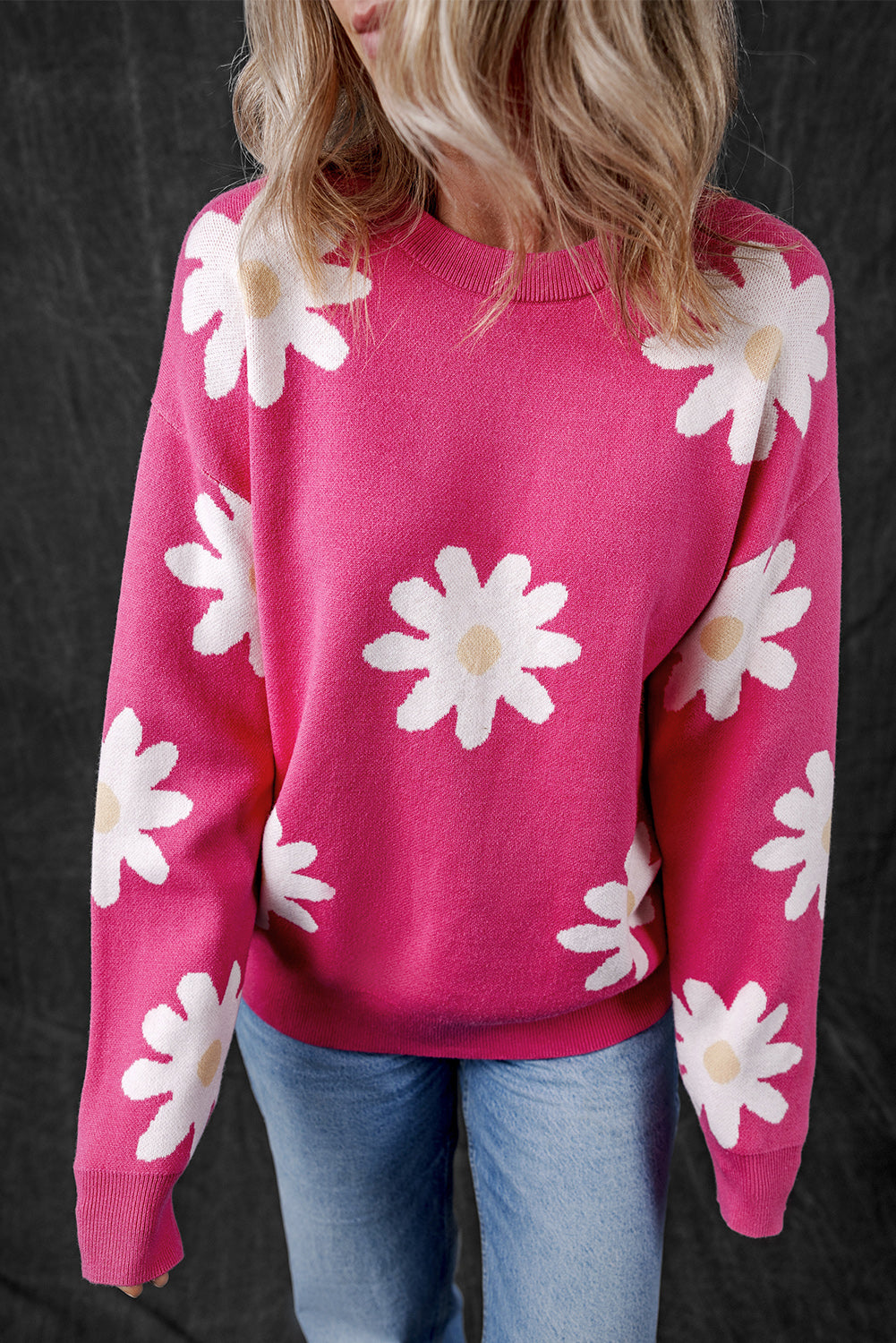 Daisy Flower Crew Neck Long Sleeve Sweater | Bright Pink