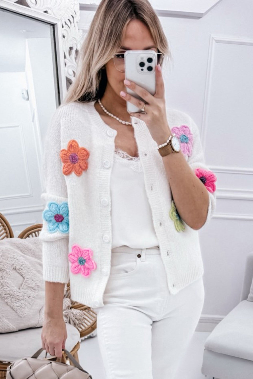 Cute Knitted Floral Pattern Button Up Cardigan | White