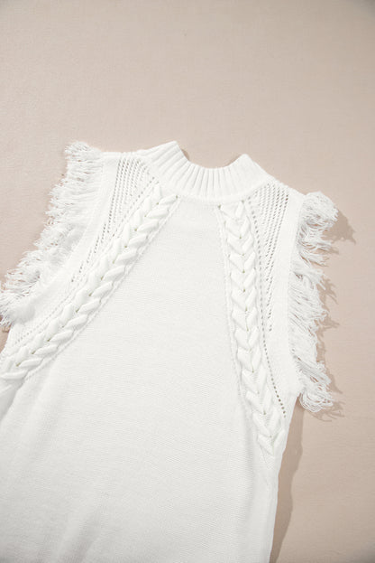 Woven Tasseled Sleeveless Mock Neck Sweater Vest | White