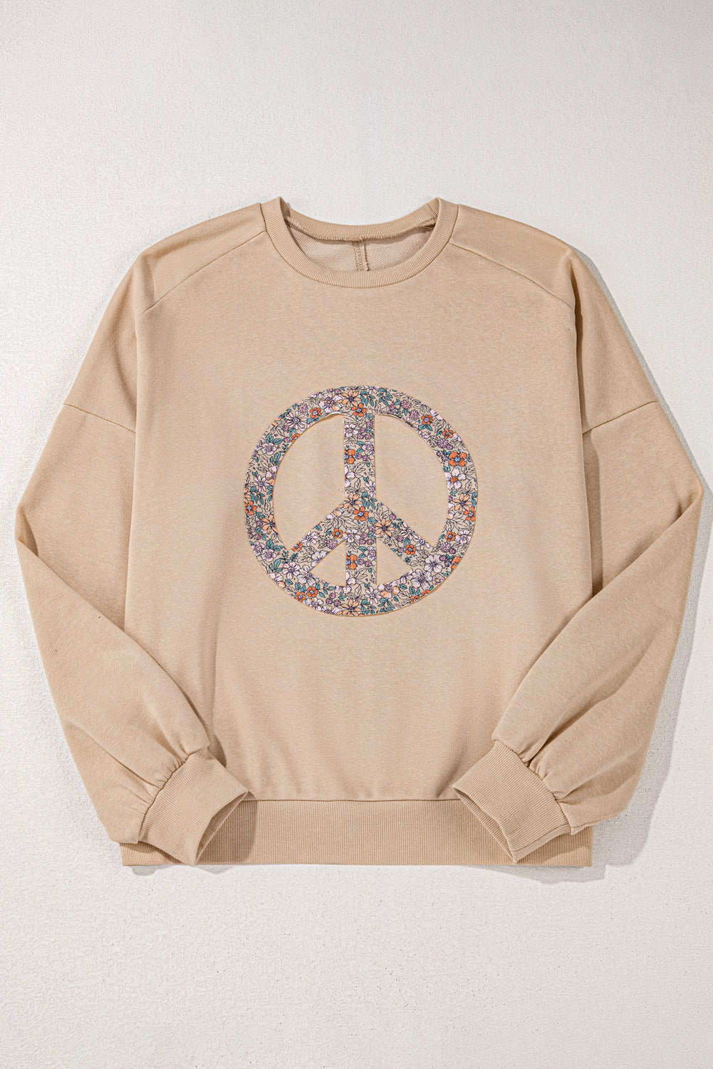 Floral Peace Sign Graphic Washed Terry Plus Size Sweatshirt | Pale Khaki