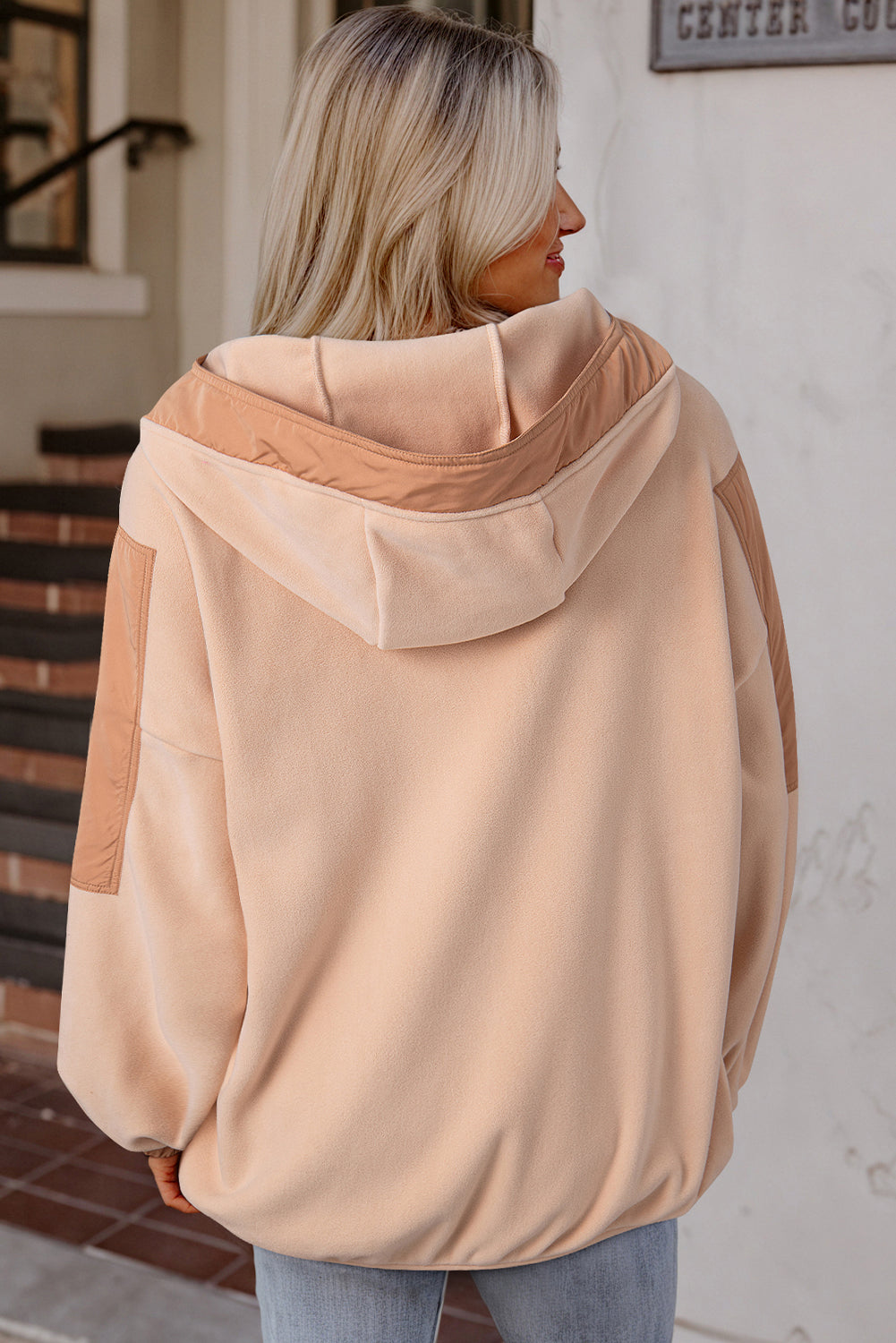 Colourblock Patchwork Half Zip Oversized Sherpa Hoodie | Light French Beige