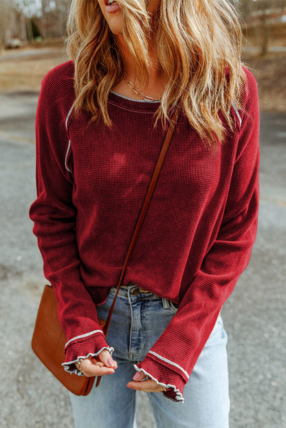 Fiery  Textured Round Neck Long Sleeve Top | Red