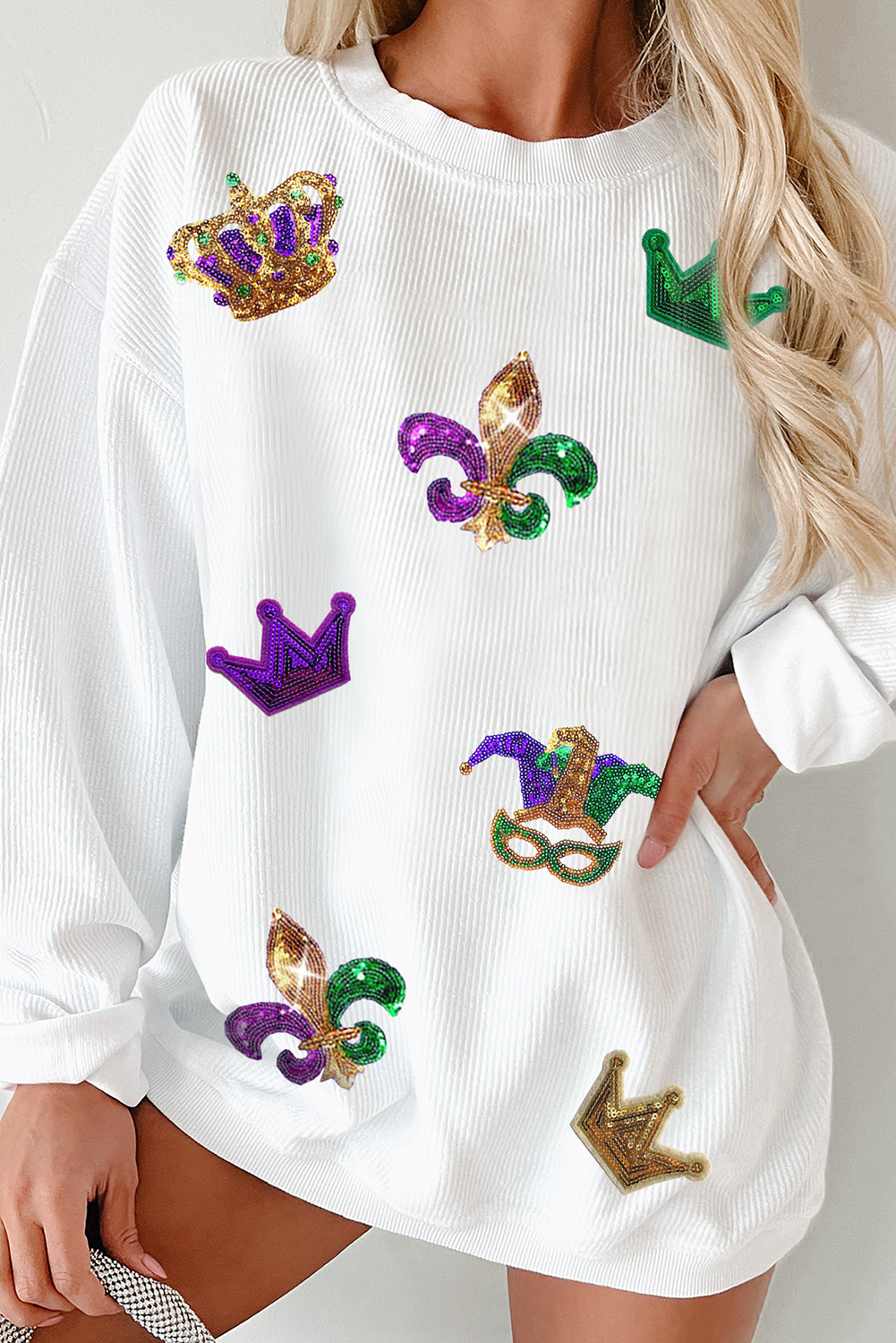 White Sequin Mardi Gras Symbol Crown Mask Patched Corded Sweatshirt