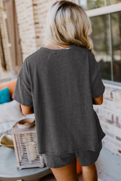 Ribbed Textured Knit Loose Fit Tee And Shorts Set | Carbon Grey