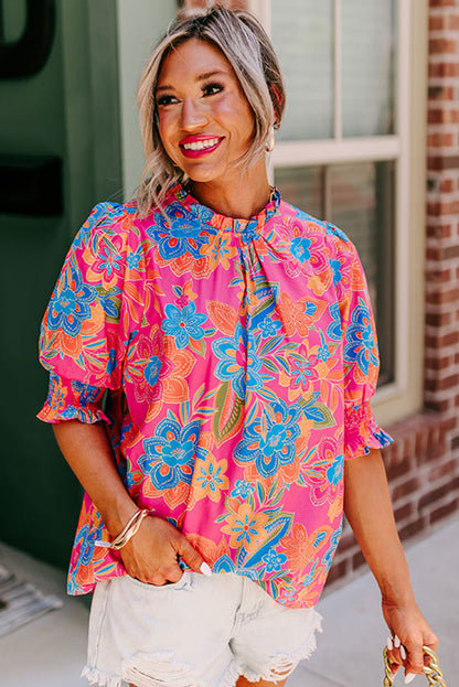 Frilly Mock Neck Short Puff Sleeve Floral Blouse | Rose