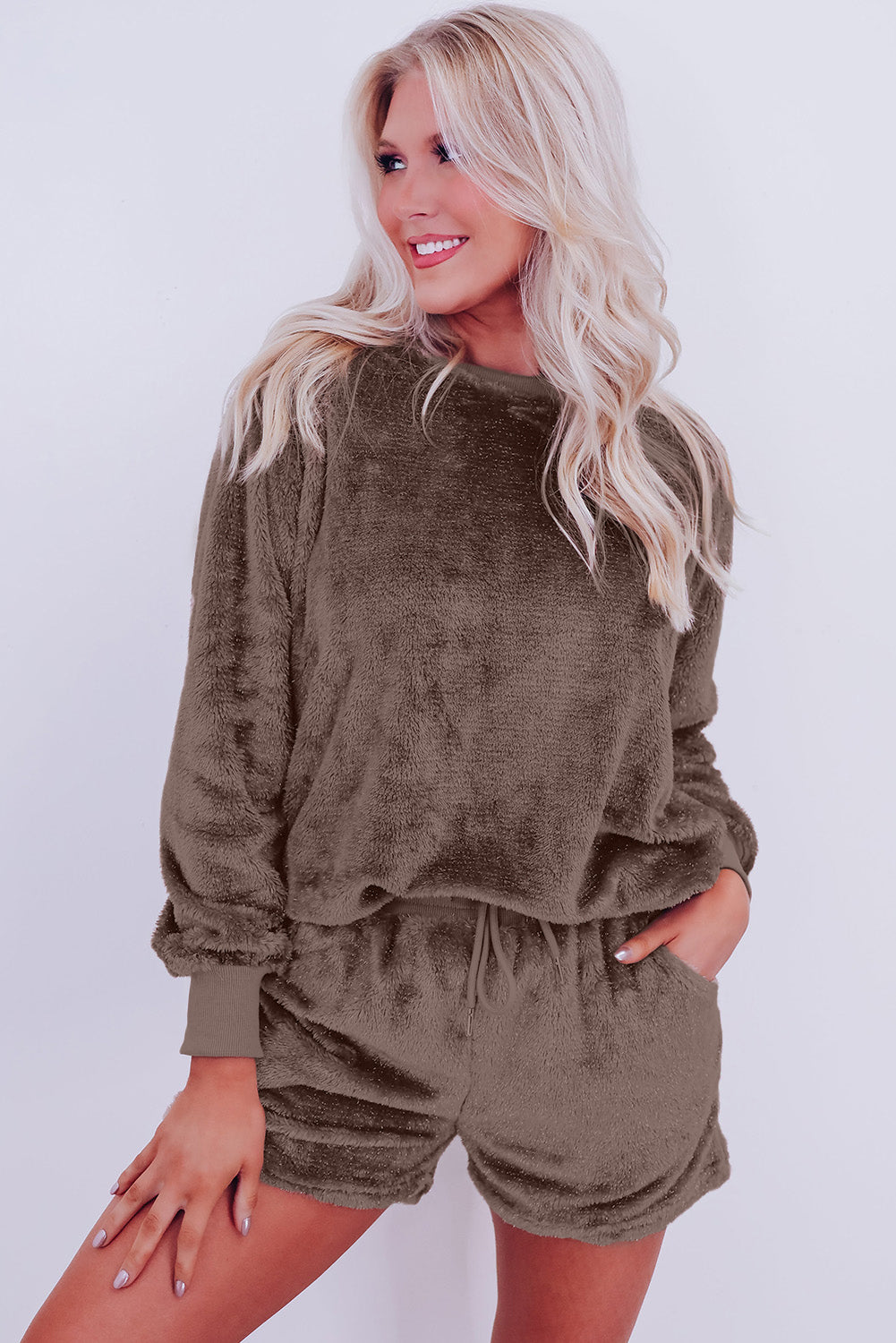 Solid Loose Fit Two Piece Fleece Lounge Set | Coffee