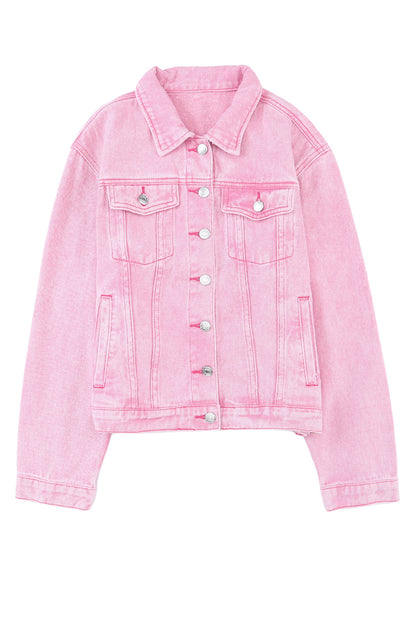 Acid Wash Button Flap Pocket Denim Jacket | Pink