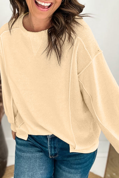 Splicing Round Neck Pullover Sweatshirt | Beige